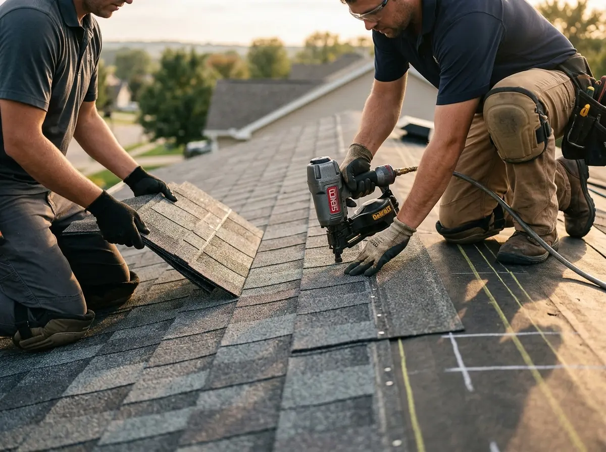 Professional roofer working on a residential roof in Cloverly